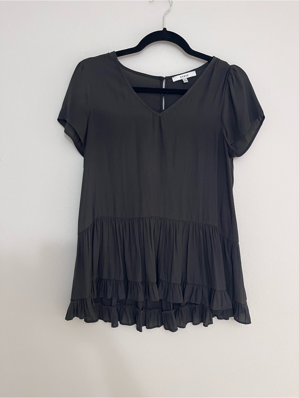 Black V-Neck Ruffle-Hem Blouse